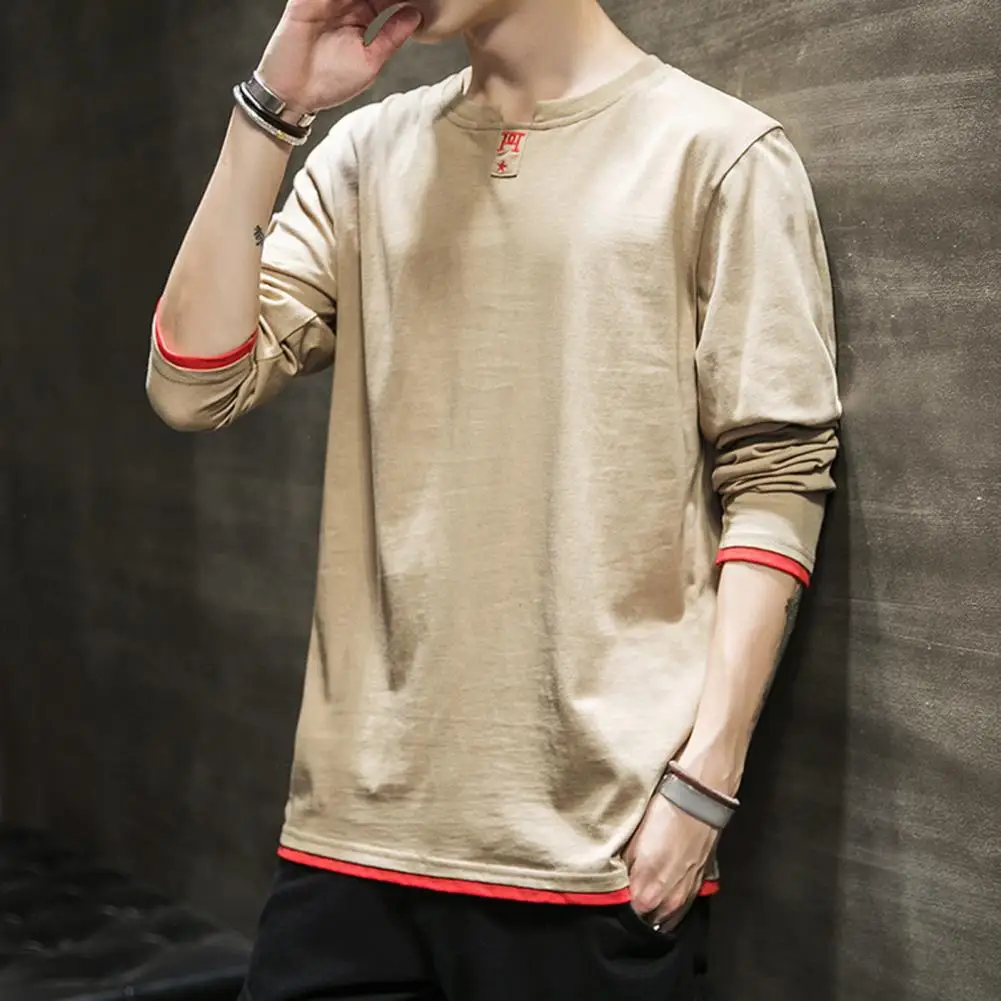 Camiseta de manga larga con cuello redondo para hombre, Jersey informal, suelto, falso, Color sólido, estilo Simple, Otoño, 2 piezas