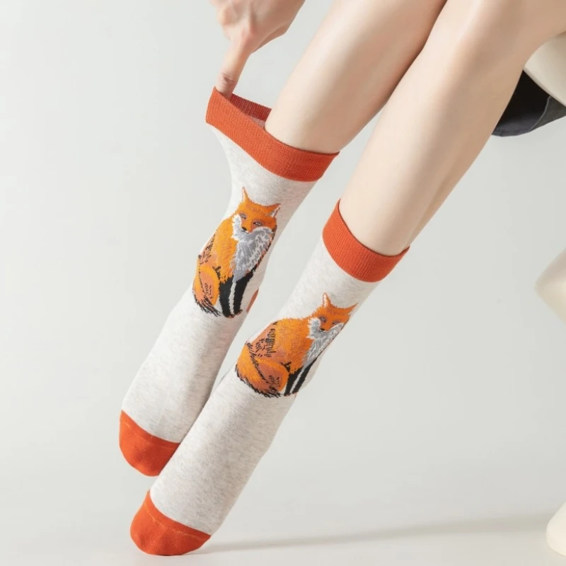 1 Pair Men\'s Mid-calf Socks With Cartoon Fox Pattern ，Fashionable Personality For Everyday