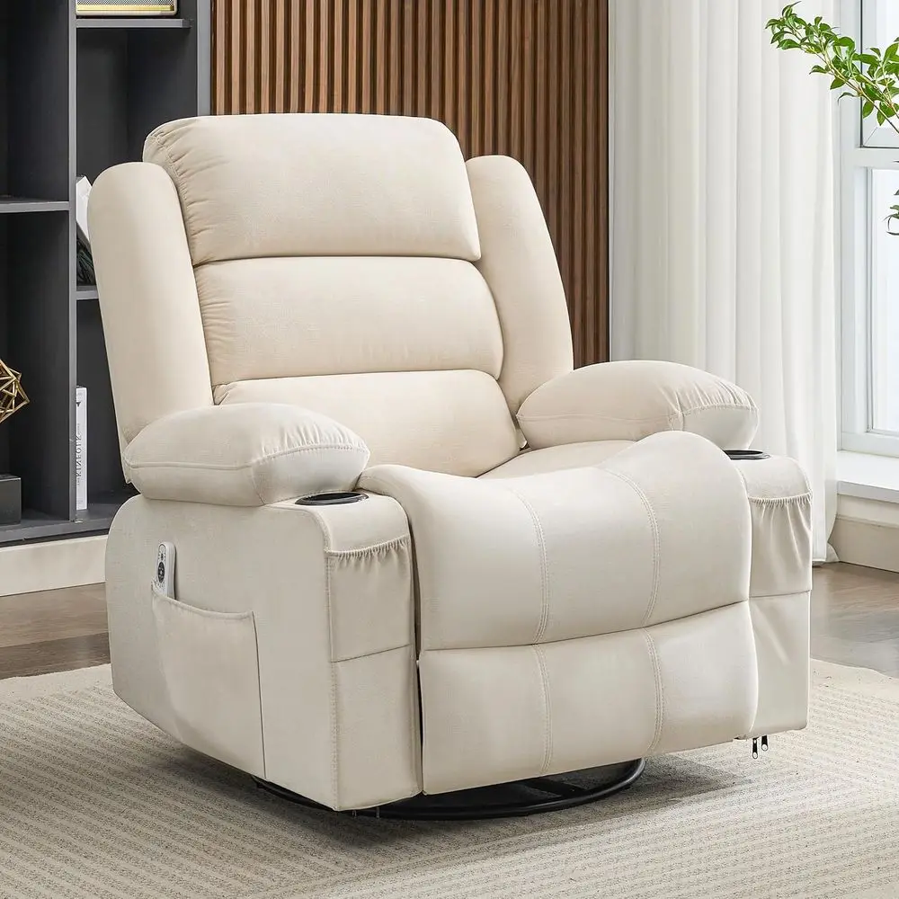 

Oversized Swivel Recliner Chair with Heat Massage, 360° Nursery Rocker, Cup Holders, Beige Manual Sofa Seat