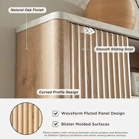 Bathroom Wall Cabinet w/Fluted Sliding Door, Curved Profile Wall Mounted Storage Organizer, Natural Oak Color