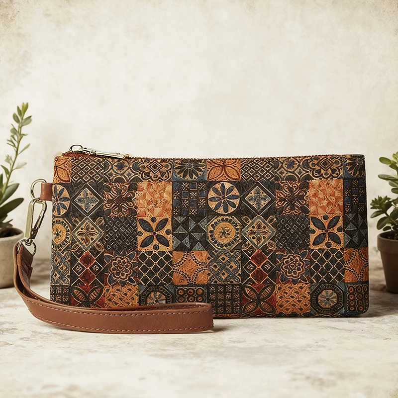 Retro Long Wallets Women Cork Leather Flower National Print Large Capacity Coin Purse for Outings Everyday use Bohemian Style
