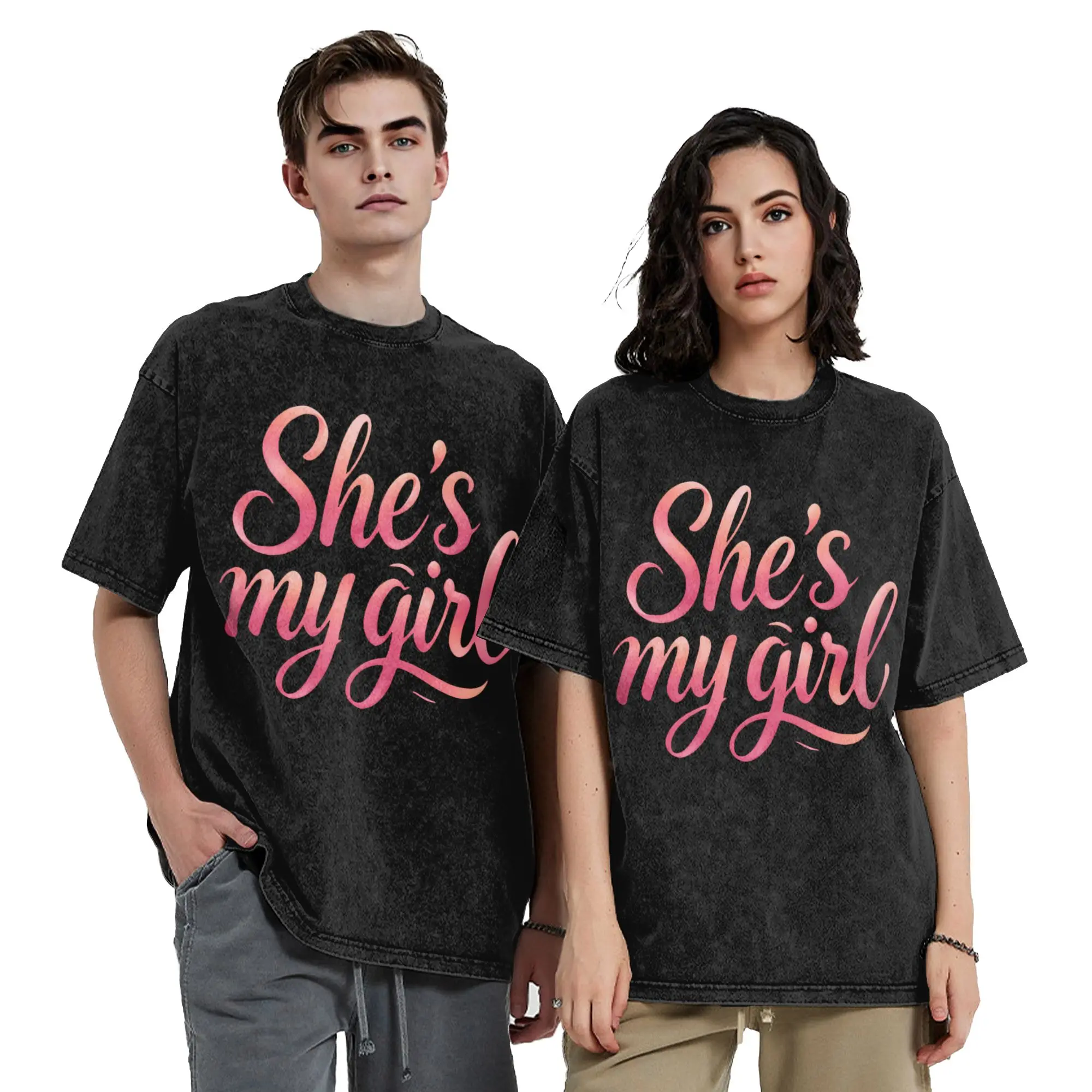 She's my girl He Boy couple outfits woman Men Cotton Washed Hot stamping Print T-Shirt, Harajuku Men's Summer Short Sleeve Tees