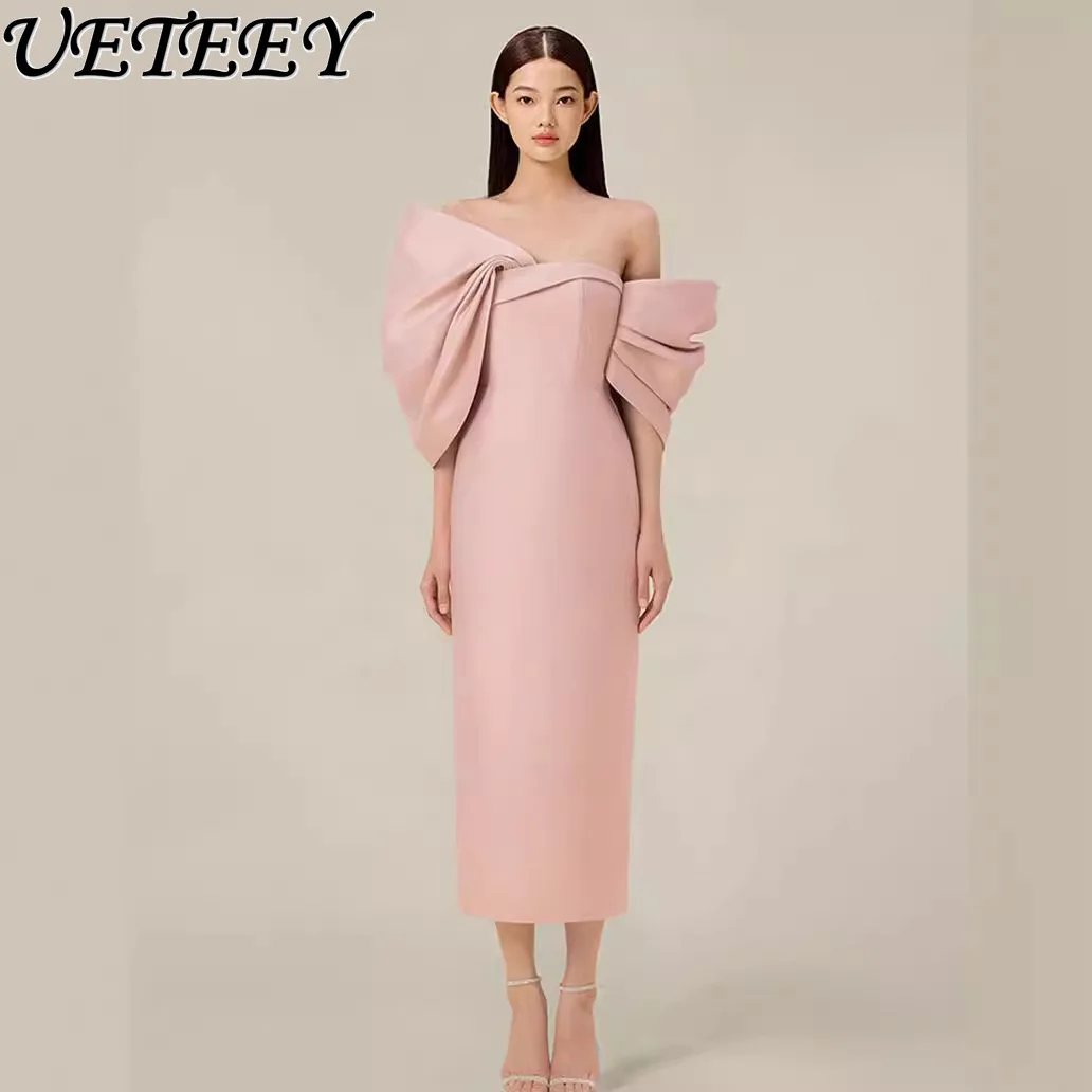 

Autumn and Summer New Off-the-shoulder Party Long Dress Niche New Bow French Elegant High-waisted Slimming Maxi Dresses