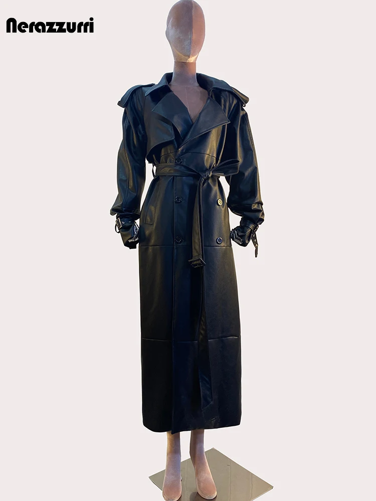 Nerazzurri Autumn Black Extra Long Waterproof Faux Leather Trench Coat for Women Raglan Sleeve Belt Loose Casual Maxi Overcoat