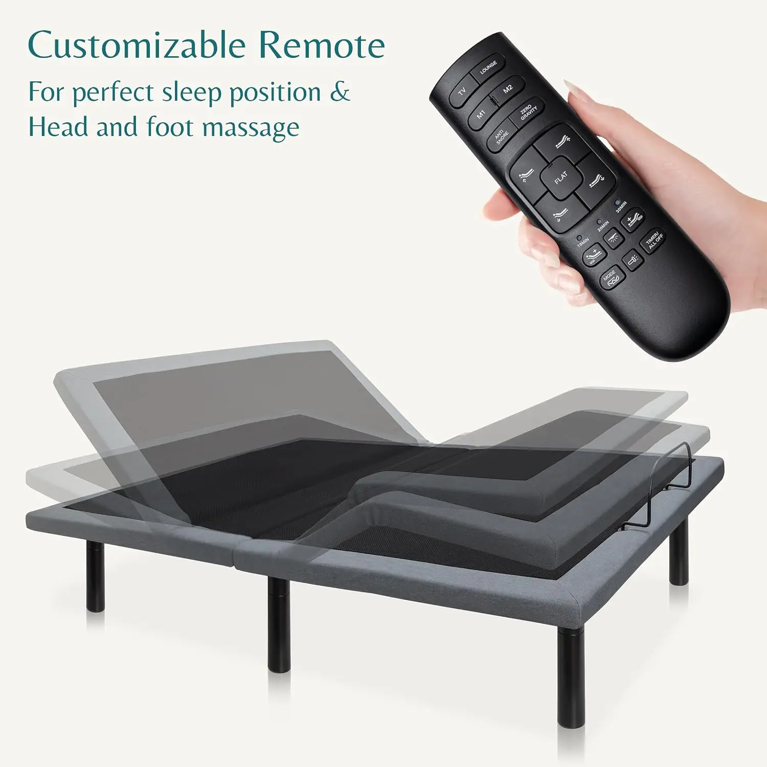 Adjustable Bed Frame, Head & Foot Incline, Zero Gravity, Massage, USB Ports, LED Light, Remote, Assembly, Customized