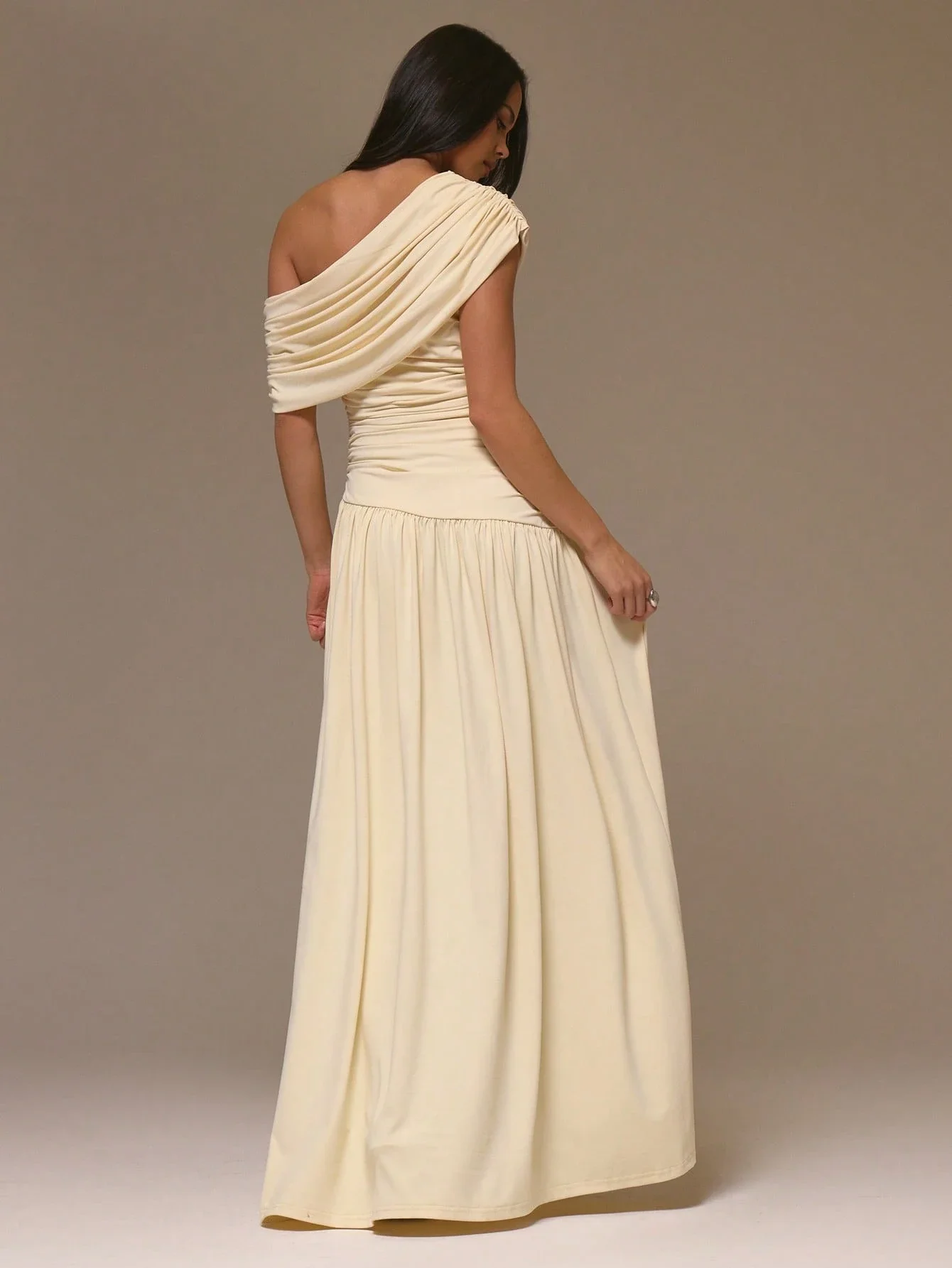 

Ruched Asymmetrical Shoulder Drape Cinched Waist Maxi Dress For Party Wedding Vacation