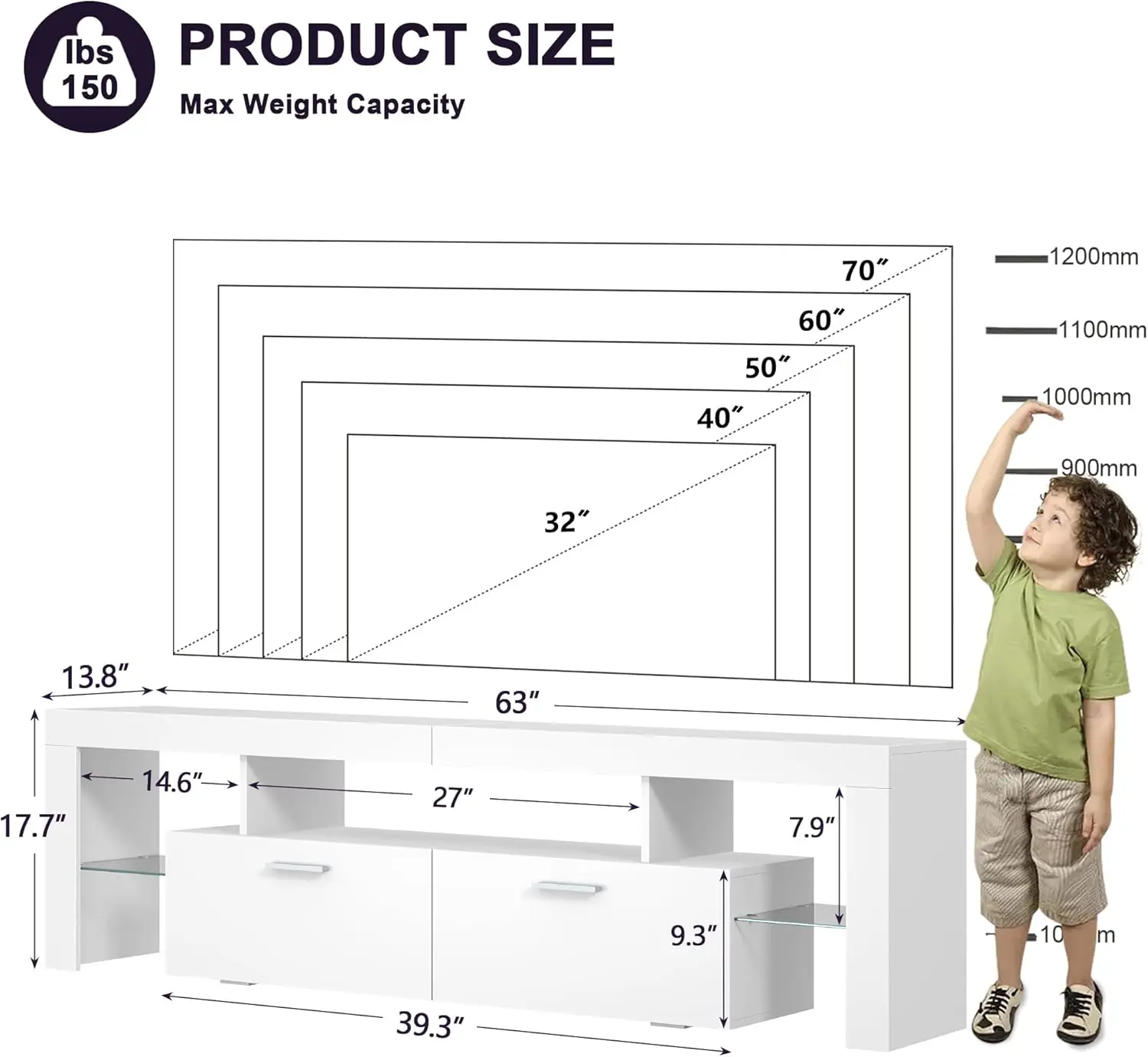Suporte de TV de 63 polegadas com iluminação moderna e grande gaveta de armazenamento para TVs de 50 55 60 65 70 75 polegadas, console de TV com luzes LED de 20 cores