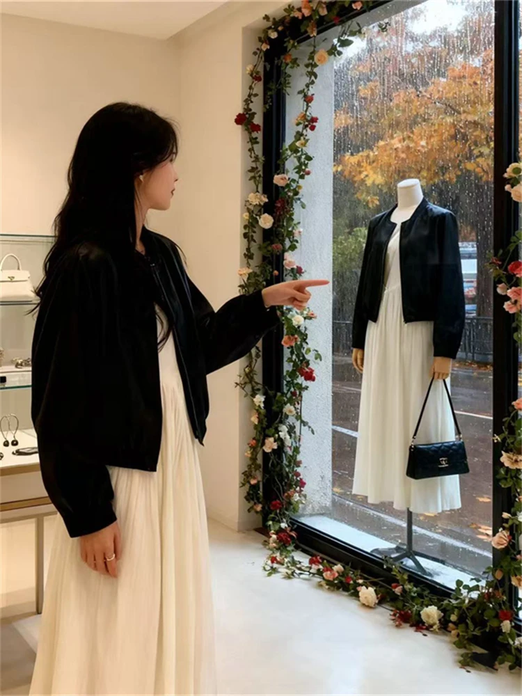 جاكيت جلدي كوري بسيط ومتعدد الاستخدامات للتنقل اليومي، إصدار جديد للربيع، جاكيت نسائي فاخر بقصة فضفاضة وأكمام طويلة