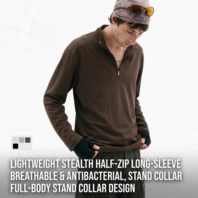 Men's Outdoor Antibacterial Breathable Base Layer – Lightweight Half-Zip Long Sleeve Shirt with Stand Collar Hiking & Training