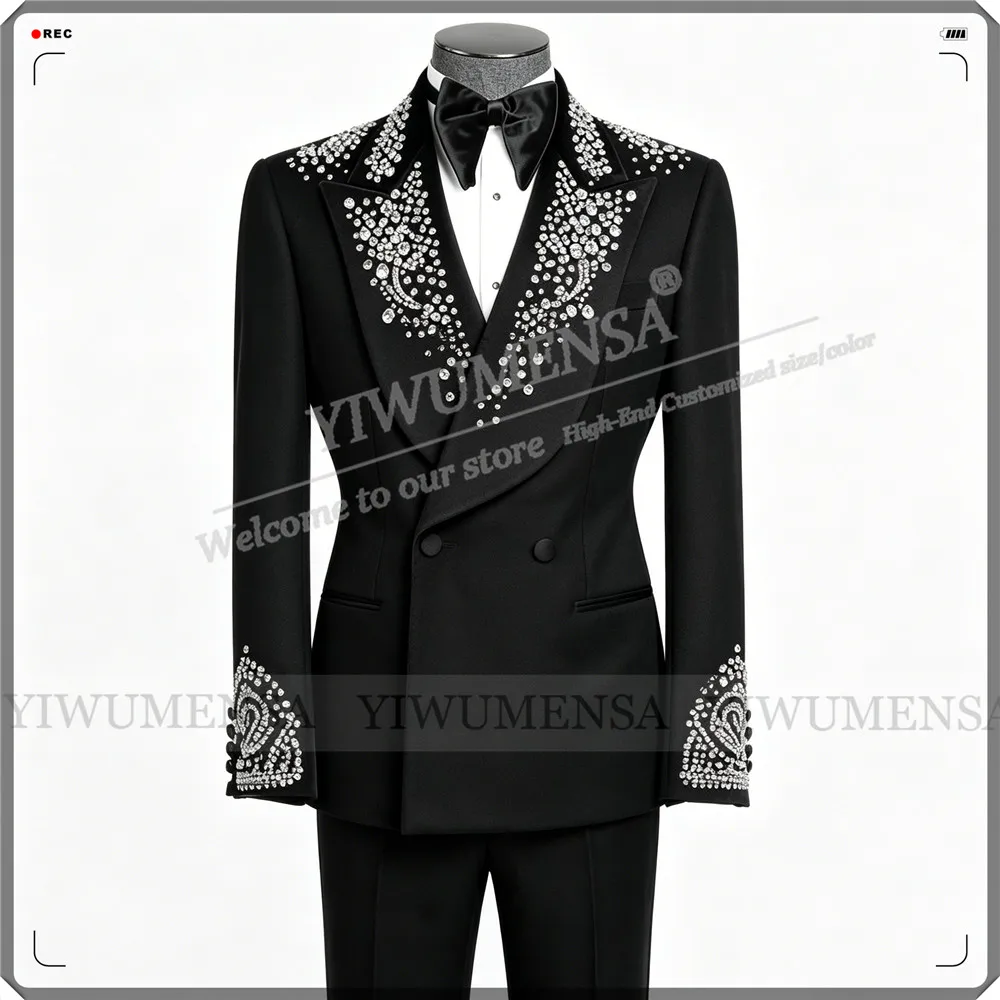 Luxury Wedding Suit For Man Rhinestones Beaded Jacket Pants 2 Pieces Groom Formal Party Tuxedo Attires Customized Male Outfits