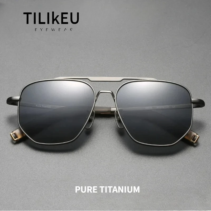 

High Quality Pure Titanium Double Bridge Square Sunglasses for Men Classic Industrial Aesthetic Pilot Polarized Sunglasses UV400