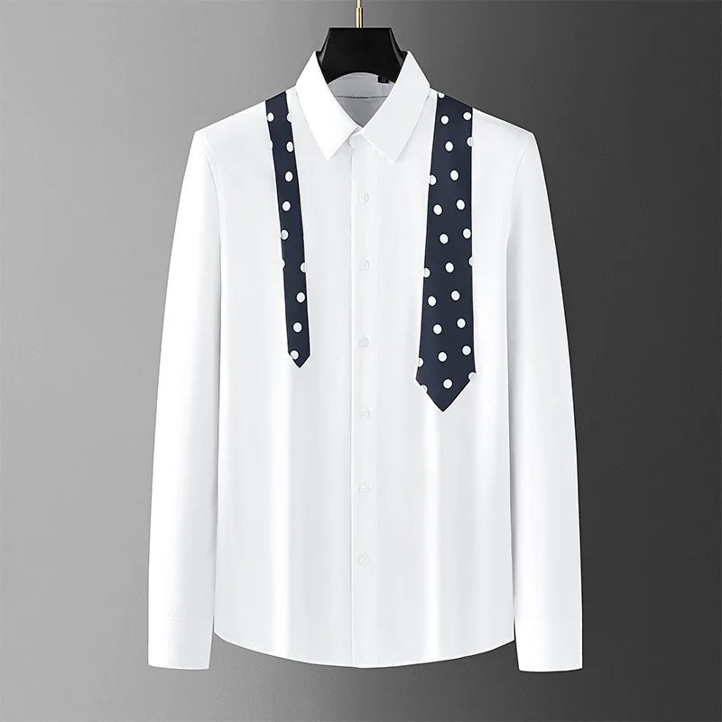 High Quality Polka Dot Spliced Men's Shirt Long Sleeve Slim Fit Cotton Shirts Casual Business Formal Dress Shirts Men Clothing