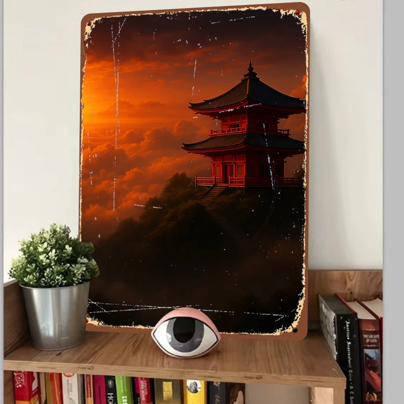 Chinese Ancient Architecture Sunset Clouds Art Custom Iron Wall Decor for Living Room Study