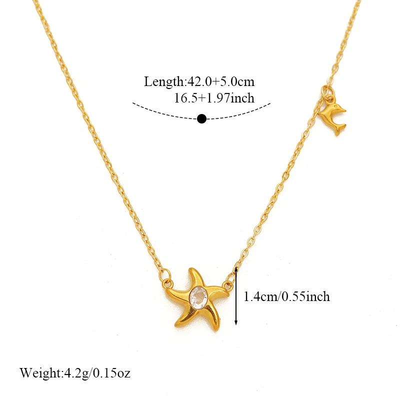 EILIECK 316L Edelstahl Seestern Delfin Zirkon Anhänger Halskette Armband Set für Damen Trendiger Wasserdichter Strand-Schmuck Geschenk – Detail 6