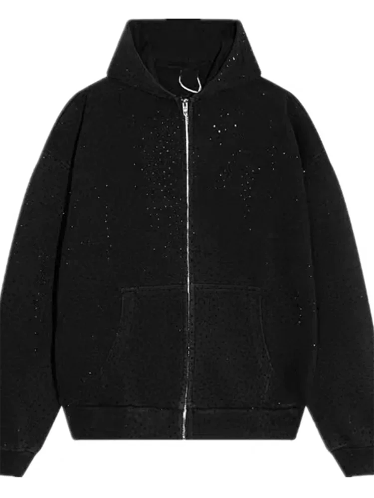 2023 Autumn and Winter New Fashion Rhinestone Hoodie Coat Women\'s Loose-fit Long Sleeve Distressed Zipper Sweatshirt Streetwear