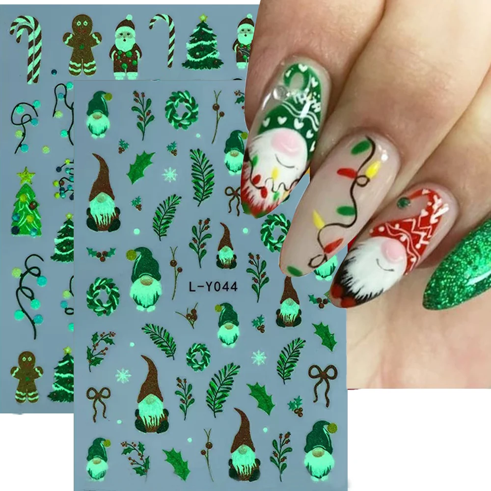 สติกเกอร์ติดเล็บลายคริสต์มาส 3 มิติ แบบเรืองแสง ลายเกล็ดหิมะ/ซานตาคลอส/พวงหรีด  แบบติดเอง  ตกแต่งเล็บเรืองแสงสำหรับเทศกาลคริสต์มาส