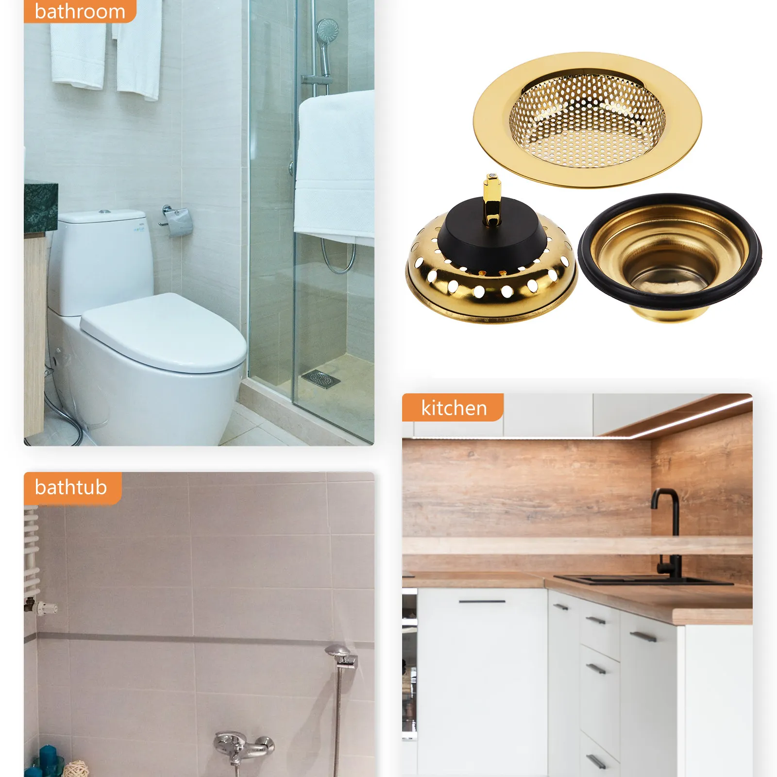 Kitchen Sink Drain Kit Metal Strainer Basket Rubber Stopper Cover Dishwasher Safe Nonslip Scratch Resistant