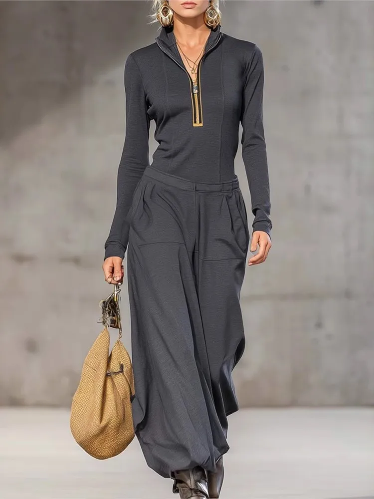 

Fashion Stand-up Collar Long-sleeved Top + Wide-leg Pant 2-piece Set For Women Solid Color Zipper High Street Casual Suit Female