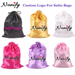 Bolsas de satén personalizadas con logotipo para el cabello, paquetes para pelucas, bolsas de satén púrpura con cordón, bolsas para pelucas con logotipo, 10 piezas