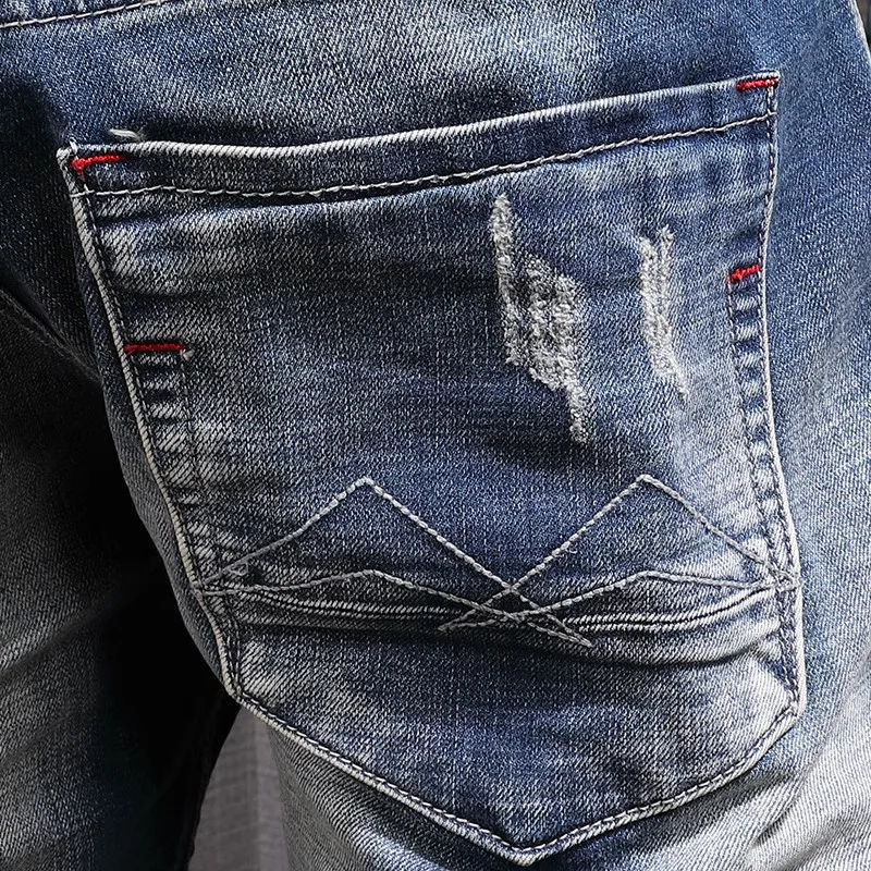 y2kFashionable new men's jeans, Y2Kelastic slim fit, washed with water, nostalgic scratch blue jeans, designer retro pants