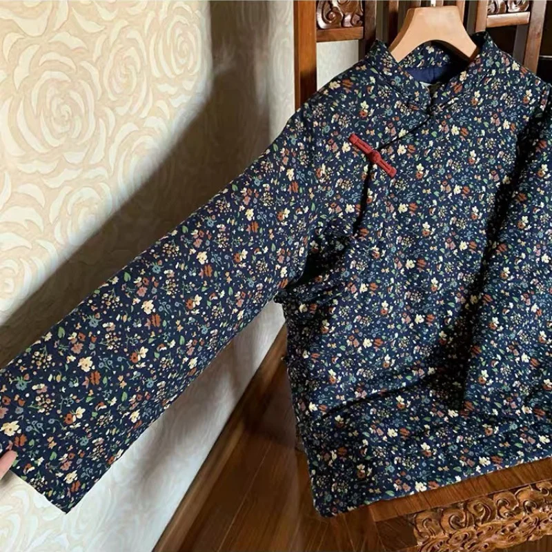 Estilo chinês floral impressão linha jaqueta feminina outono inverno novo sapo botão suporte color algodão grosso solto casaco feminino