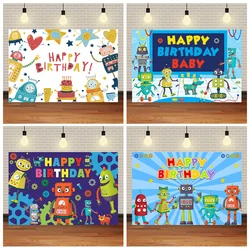 Cartoon Robot Theme Background Children Birthday Party Banner Decoration Supplies Baby Party Vinyl Photo Shoot Props Boys Gifts