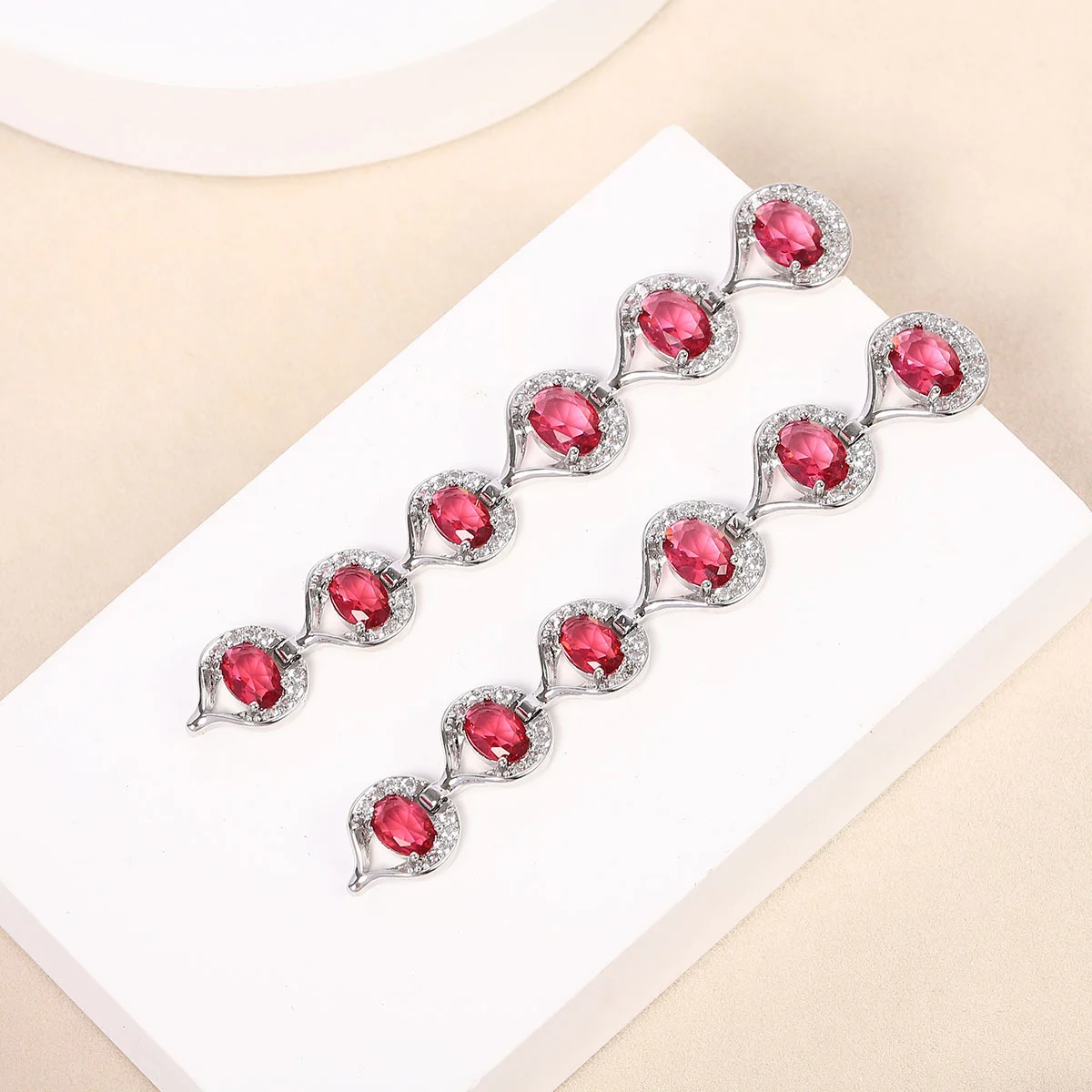 925 Silver Needle Luxury Pink Gemstone Tiered Drop Earrings, Elegant Party Statement Jewelry Gift for Women