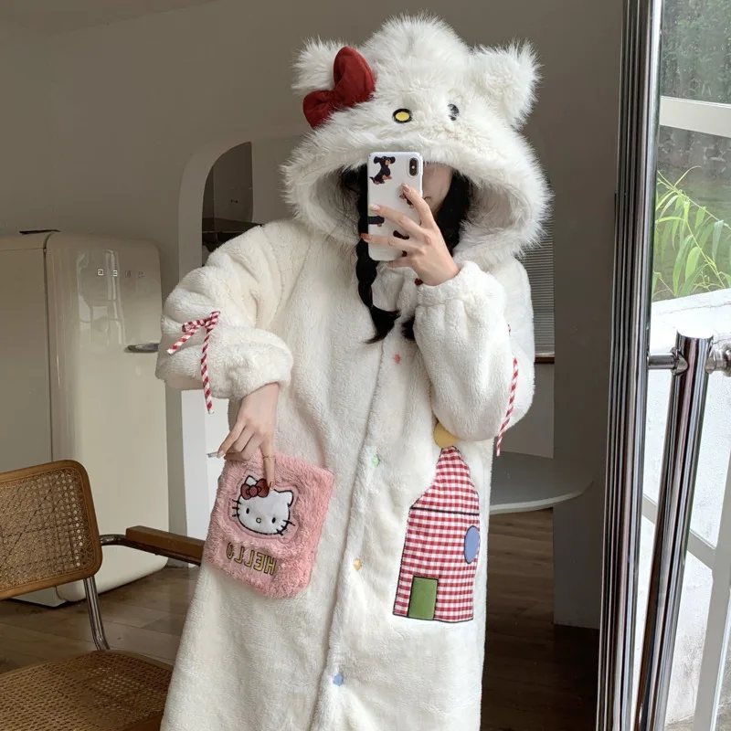 Hello Kitty Women Winter Coral Fleece Nightgown New Cute Cartoon Thick Hooded Warm Home Suit Set Korean Style Kawaii Night-robe