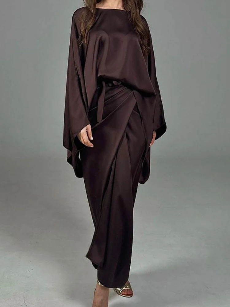 Casual Satin Shawl Irregular Office Two-Piece Set Stylish Vintage Lace-Up Top and Skirt Elegant Bat Wing Sleeve Party Suit