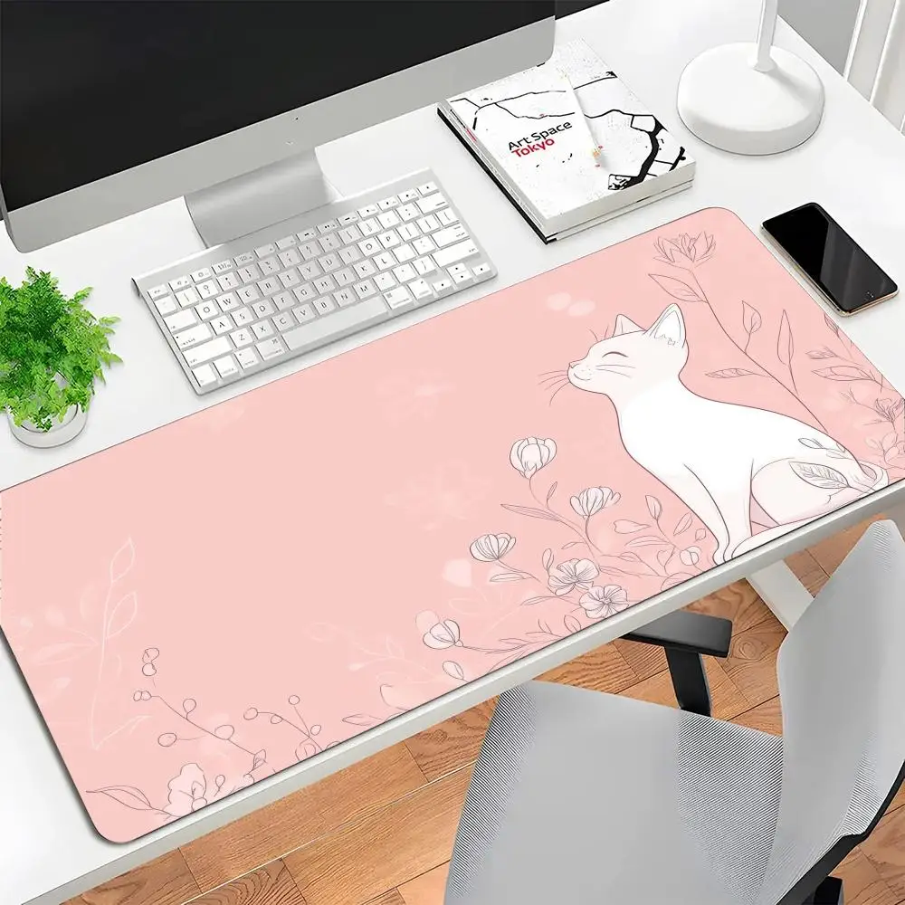 Large Size Table Mat Simple White Cat Floral Pink Background Anime Art For Laptop Bedroom Learning Pad