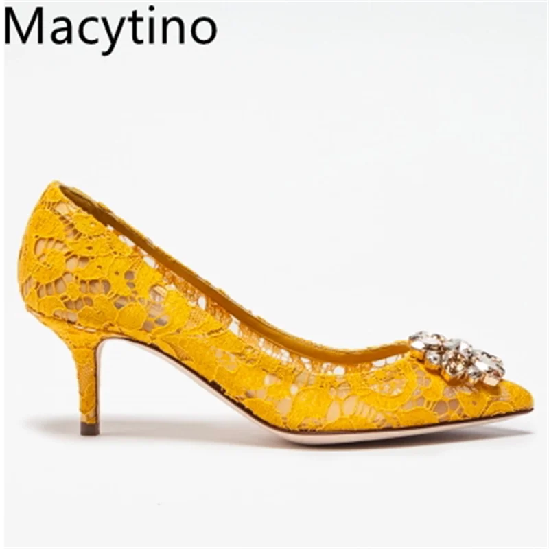 

2024 Summer Flower Decoration Ladies High Heels Pointy Lace Rhinestone Single Shoes High Heel Wedding SPumps