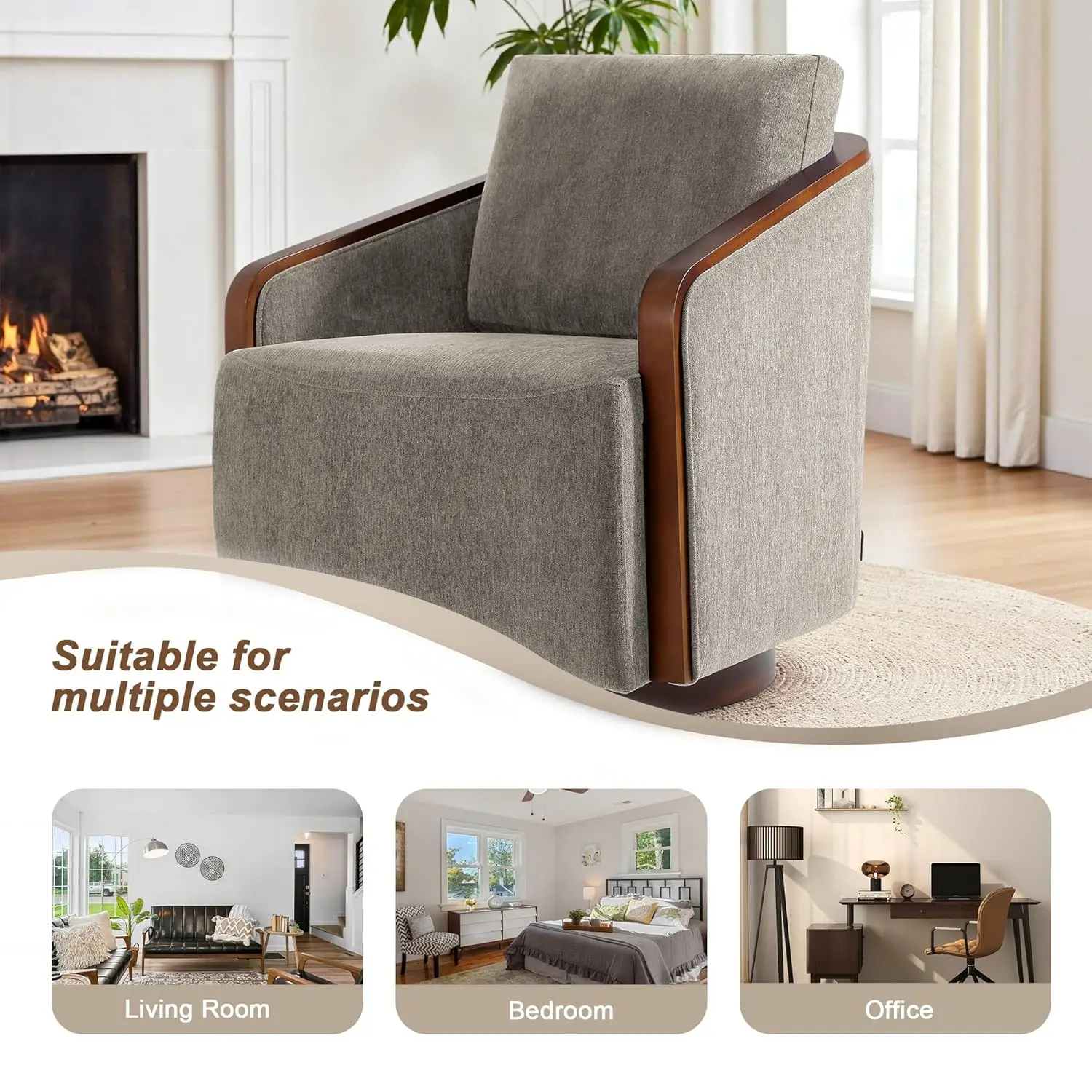 360 Degree Swivel Upholstered Round Barrel Chair Comfy Chenille Fabric Accent Armchair for Living Room Bedroom Reading No