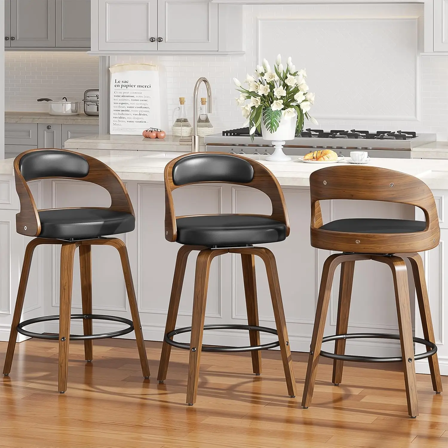 

Swivel Bar Stools Set Of 3, 26"" Counter Height Bentwood Barstool, Mid- Modern Pu Leather Upholstered Bar Chair With Ba And