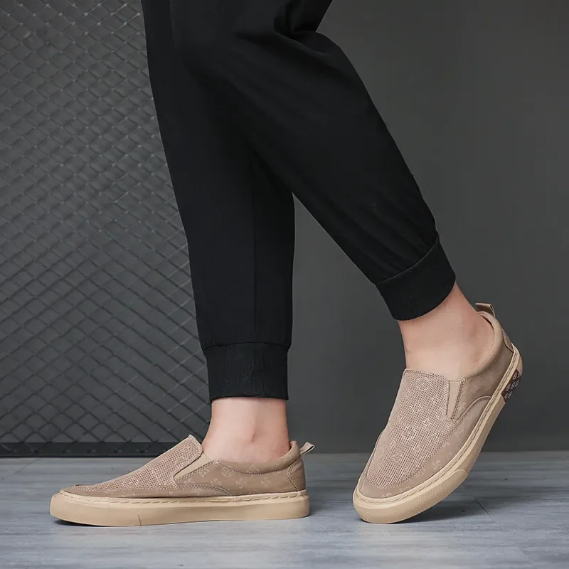 Men Canvas Business Shoes Fashion Vulcanized Mesh Lace-up Sneakers Tenis Slip-On Board Footwear for Male Khaki Gray Black