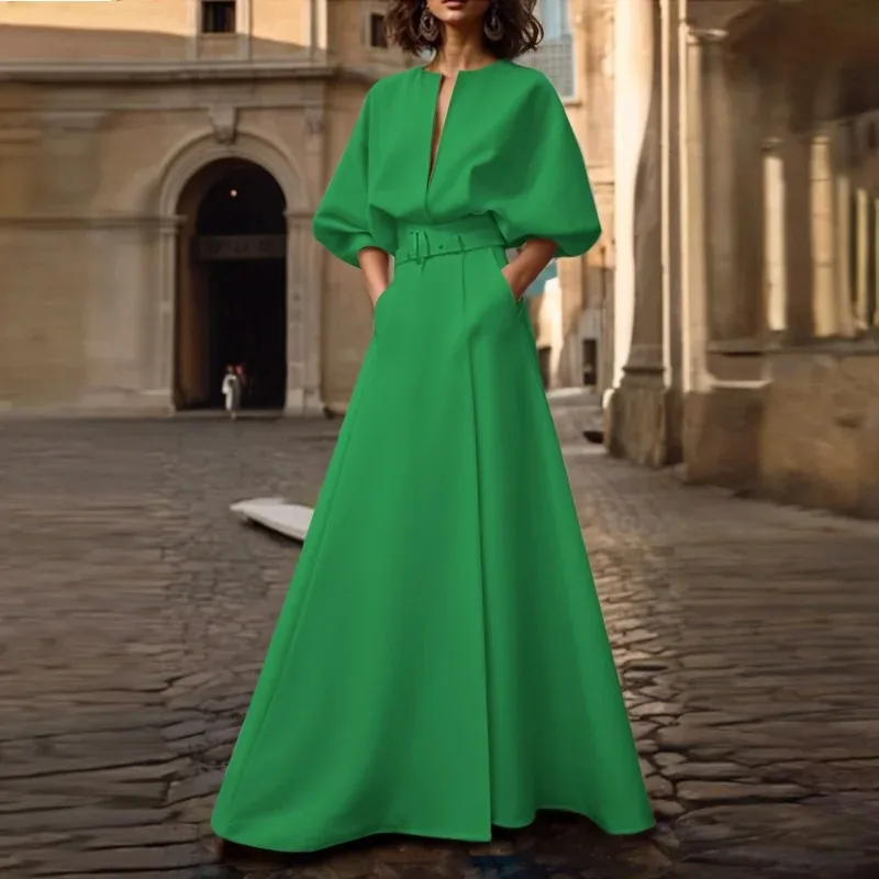 

Tinaa 2025 Original Creation Dresses Woman Summer Spring Belted Deep V-Neck Wedding Puff Sleeves Solid Color Simple Maxi Dresses