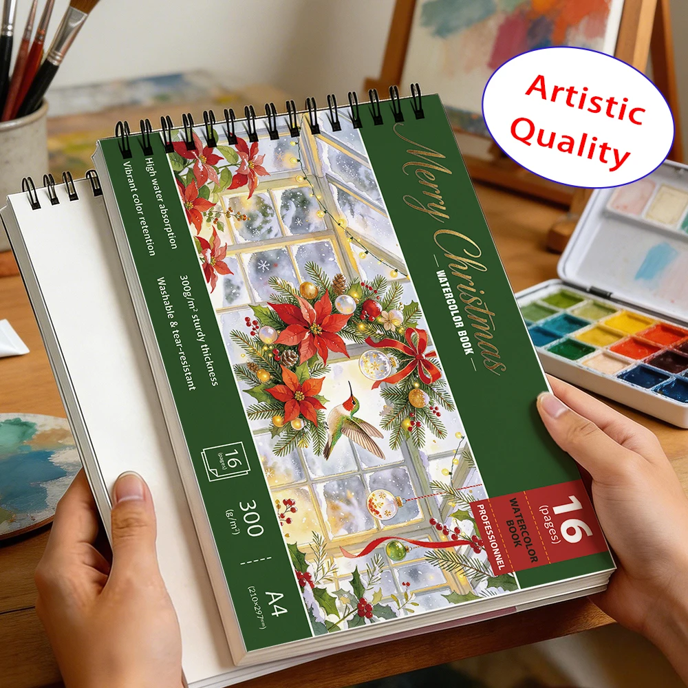 Watercolor Book, 300gsm 16 Sheets Cold Press Paper, No Bleed Christmas Art Pad for Painting & Mixed Media