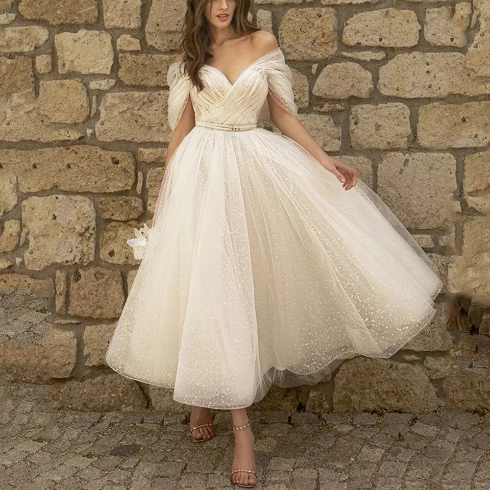 A-Line Cold Shoulder Backless Elegant Mid-Calf Wedding Dresses For Bridesmaid Party Banquet Vacation