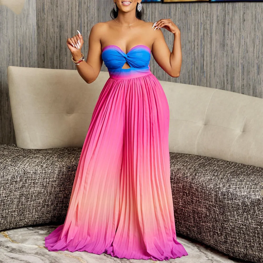 

Sexy Strapless Jumpsuits & Rompers for Women Off the Shoulder High Waisted Pleated Floor Length Evening Night Party Club Overall