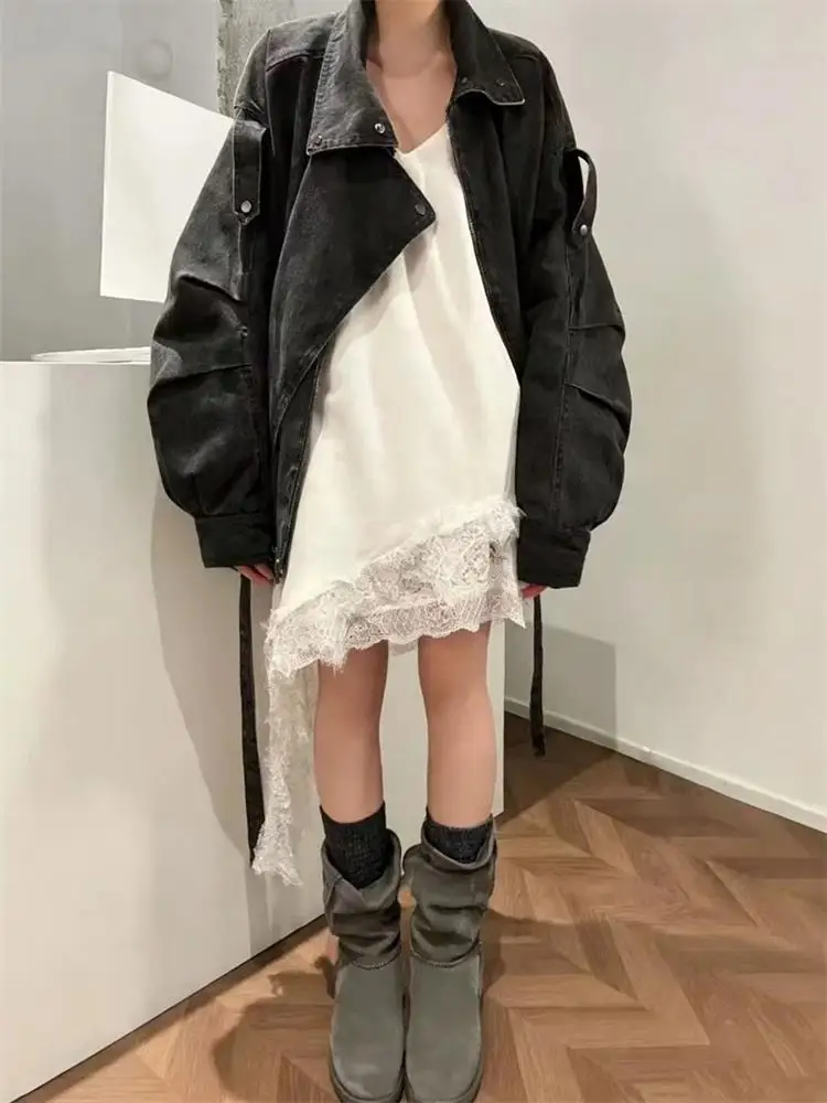 Slimming Effect Lace Asymmetrical Strap Dress Inner Wear Outer Wear Fashionable Elegant V-neck Zipper Closure Straight Cut Dress