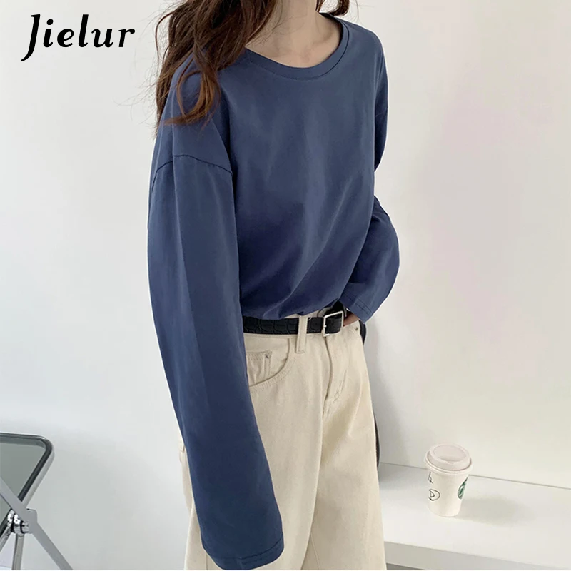 Black Blue T-shirt Women Korean Clothes Cotton T Shirts Fall Casual Loose Bottoming Shirt Basic Top Female S-XL 5 Colors