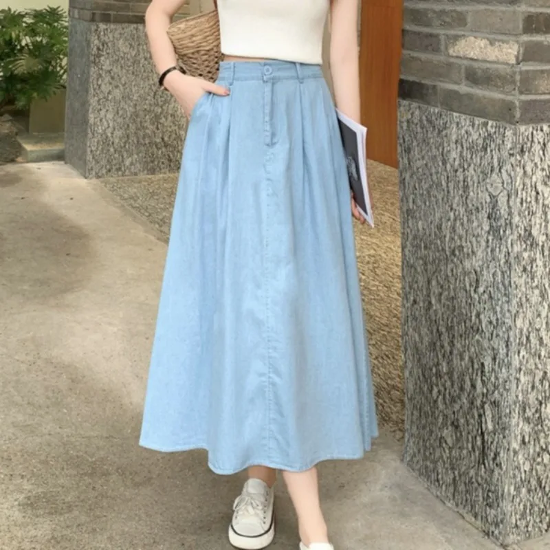 Casual losse denim rok dames herfst/winter rokken nieuwe skinny hoge taille knooprits effen zak maxi a-lijn rok vrouw