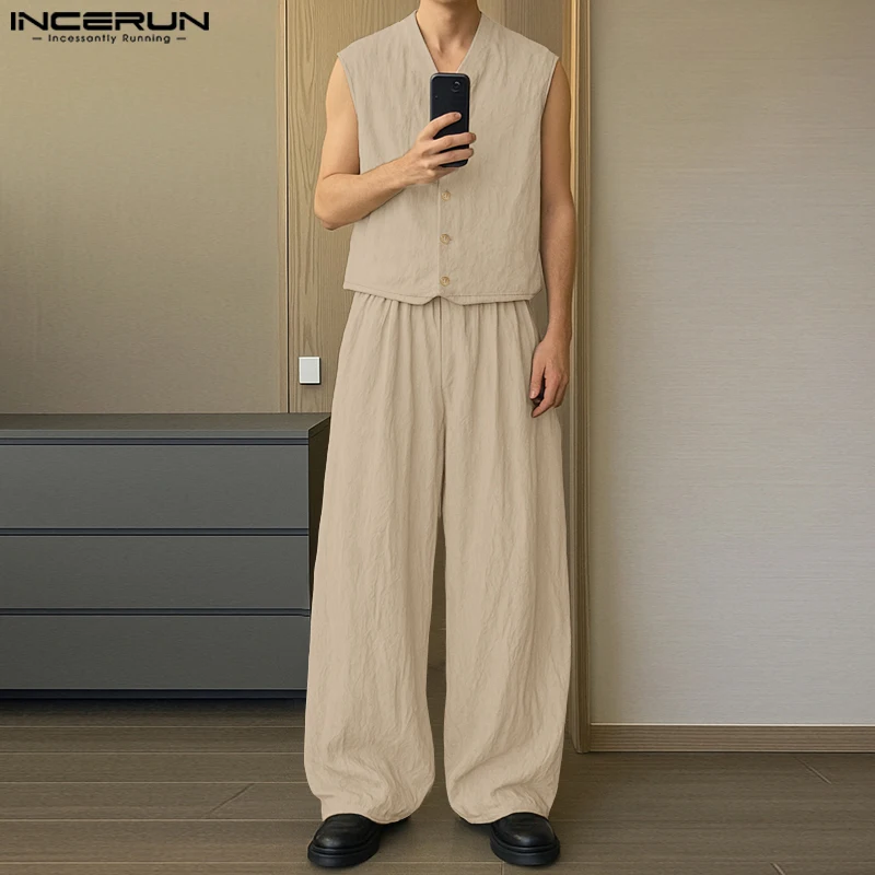 

INCERUN Men Sets Solid Color V Neck Sleeveless Vests & Pants Two Pieces Sets Streetwear 2025 Loose Fashion Men's Casual Suits