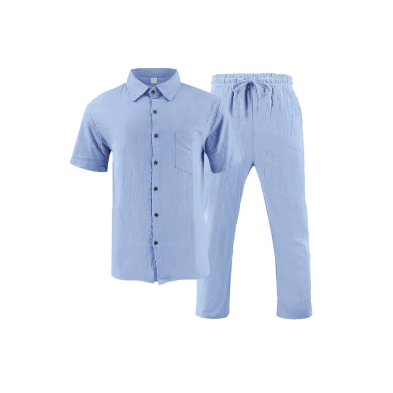 2025 Мужская повседневная рубашка на пуговицах и длинные брюки, комплект из 2 предметов, летняя пляжная одежда, удобный наряд