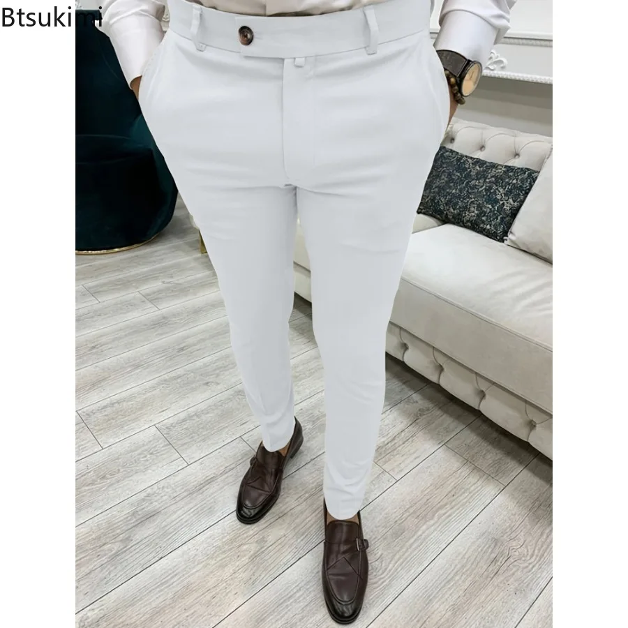 Calça casual monocromática masculina, calça formal de negócios, simples, versátil, lápis de cintura alta, quatro temporadas, tendência, 2024