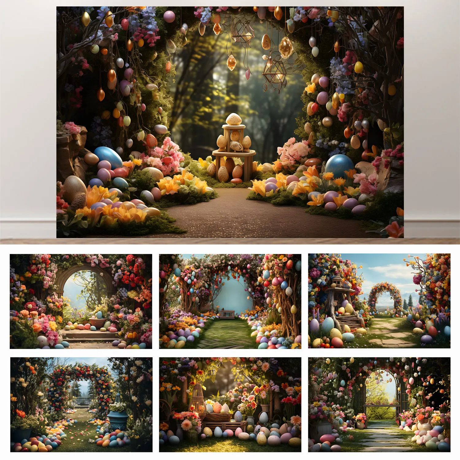 NeoBack Spring Easter Decoration Photography Background Easter Egg And Flower Arch Children Family Portrait  Backdrop Studio