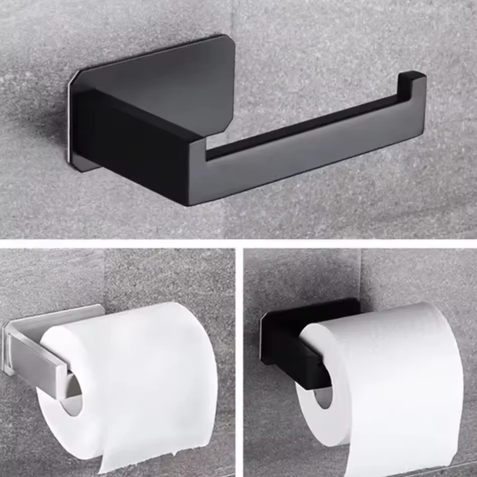 

New Paper Holders Stainless Steel Toilet Roll Holder Self Adhesive in Bathroom Tissue Black Finish Easy Installation No Screw