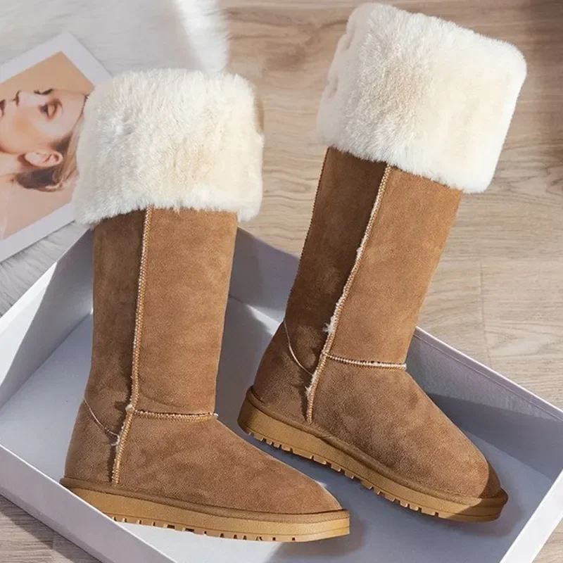 

2024 Fur Knee High Suede Snow Boots Winter Chelsea Walking Comfort Women Cotton Shoes Gladiator Short Plush Casual Warm Botas