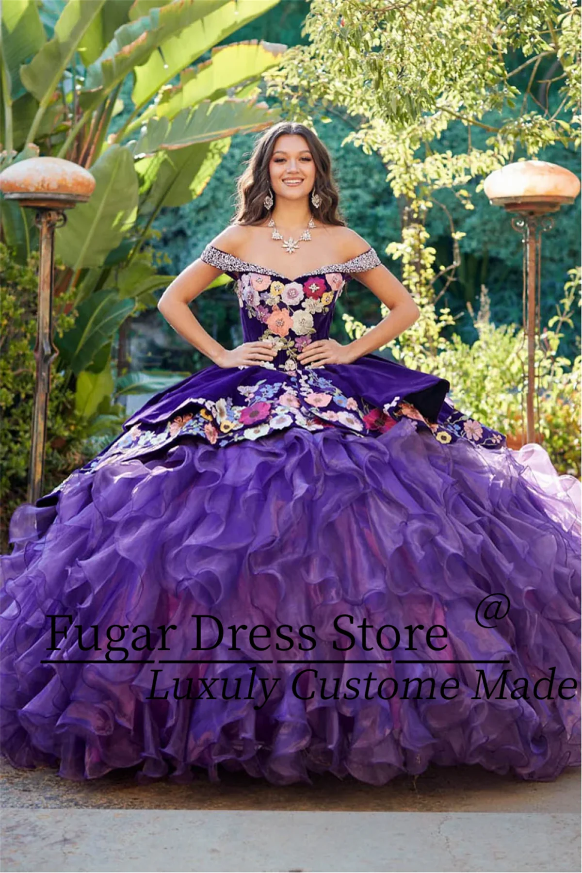 Purple Beautiful multi-color printed Chala Quinceanera Dress Off Shoulder Collar seed embroidery Sweet 16 Vestidos De 15 Anos