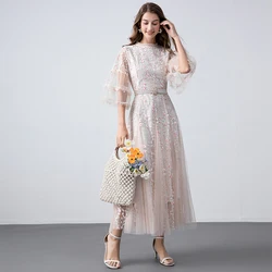 High Qulity Women O Neck Flower Embroidery Mesh Long Clothes Luxury Autumn Pink Ruffles Flare Sleeve Pearl Belt Party Dress Robe