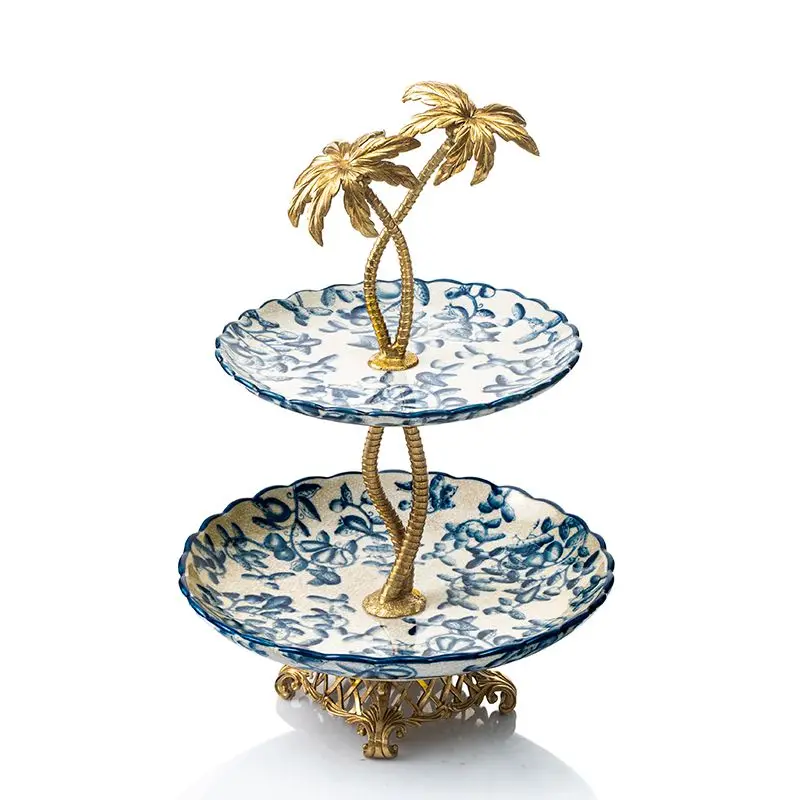 

Ceramic inlaid copper grid snack plate, high-end living room handicraft double-layer fruit plate ornament